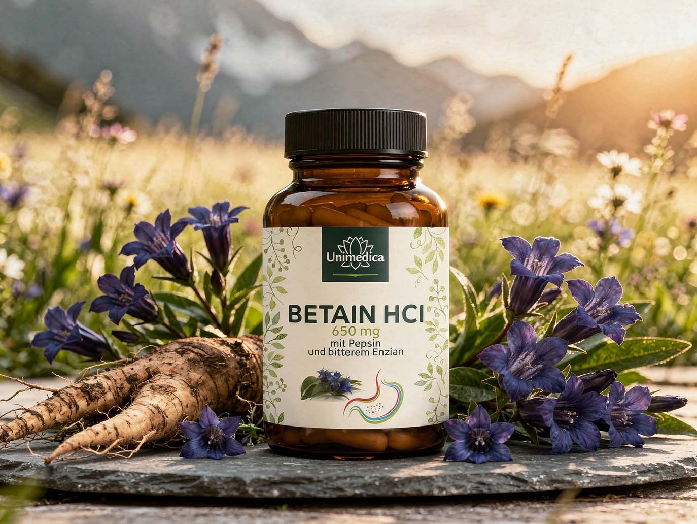 Betaine HCl - 650 mg per daily dose (1 capsule) - with pepsin and bitter gentian - 120 capsules - from Unimedica